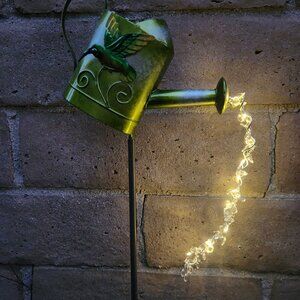 35" H, Metal Hummingbird Watering Can Solar Stake Garden Decor